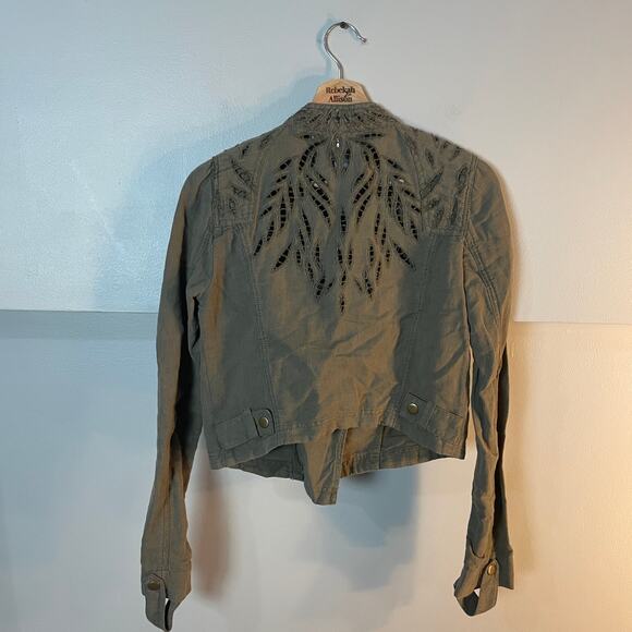 Free People Moto Jacket Cutwork Asymmetrical Zip Green Cropped Jacket SZ 4 EUC - Picture 12 of 12